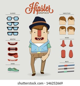 Hipster character illustration with character elements and icons