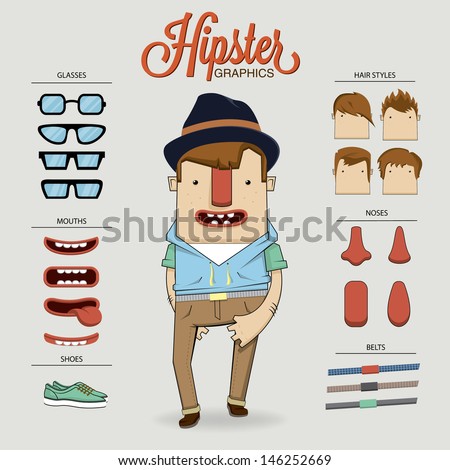 Hipster character illustration with character elements and icons