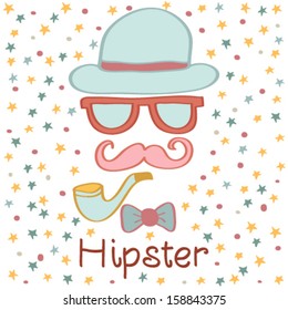 Hipster character illustration with character elements and icons.Vector illustration
