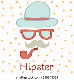 Hipster character illustration with character elements and icons.Vector illustration