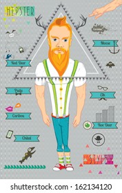 Hipster character illustration with infographic elements and icons. Vector template