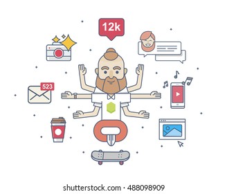 hipster character in the Lotus pose with six arms with icons  in flat style on a white background