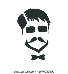 Hipster-Zeichen: Mann (menschliches Gesicht) mit Bart und Schleife mit Sonnenbrille. Vektorgrafik