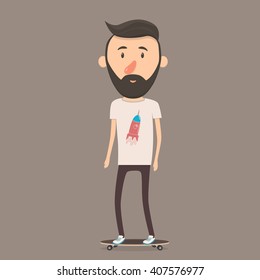 Hipster character on longboard. Cartoon vector illustration.