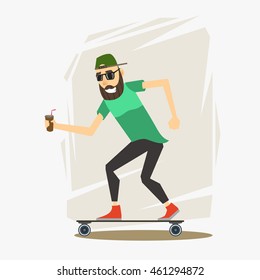 Hipster character on longboard. Isolated vector illustration.