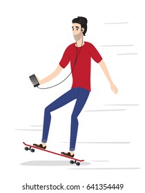 Hipster character on longboard. Isolated vector illustration.