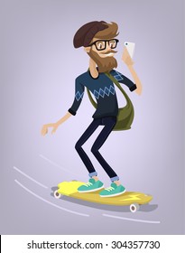 Hipster character on longboard. Vector flat cartoon illustration