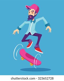 Hipster character on longboard. Vector flat cartoon illustration