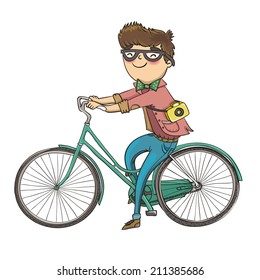 Hipster Character on a retro bicycle. Vector colorful illustration