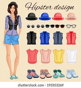 Hipster character pack design elements for female girl with accessory and clothing isolated vector illustration