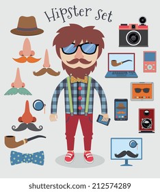 Hipster character pack design elements for boy isolated vector illustration