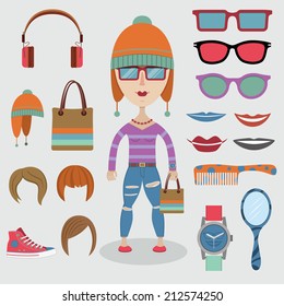 Hipster character pack fashion design elements for girl isolated vector illustration