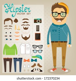 Hipster character pack for geek boy with accessory clothing and facial elements vector illustration