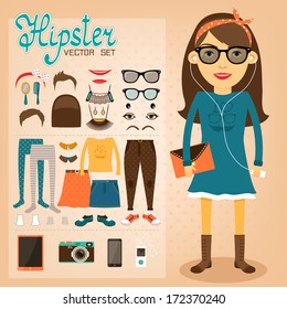 Hipster character pack for geek girl with accessory clothing and facial elements vector illustration