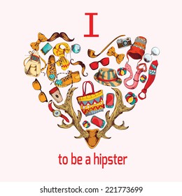 Hipster character pack sketch decorative icons in colored heart shape vector illustration