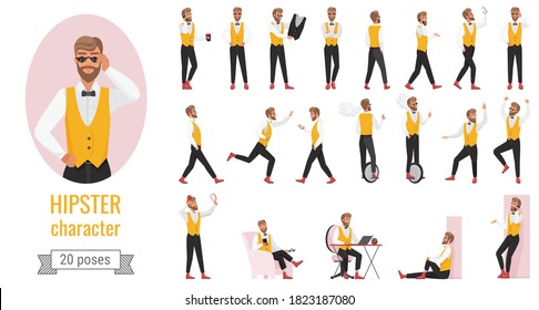 Hipster character poses infographic vector illustration set. Cartoon flat young bearded hipster man in yellow vest, walking with smartphone, working on laptop in different postures isolated on white