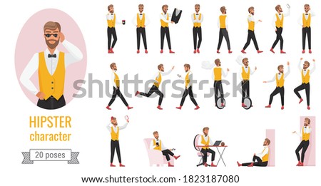 Hipster character poses infographic vector illustration set. Cartoon flat young bearded hipster man in yellow vest, walking with smartphone, working on laptop in different postures isolated on white