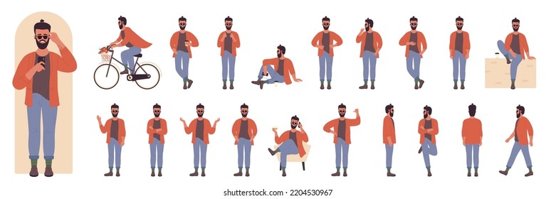 Hipster character poses set vector illustration. Cartoon young handsome man with beard and glasses posing in front, side and back view, riding bike, sitting in chair with phone isolated on white