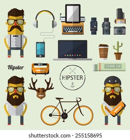 Hipster character with set of Hipster icon in flat design. Vector. Illustration