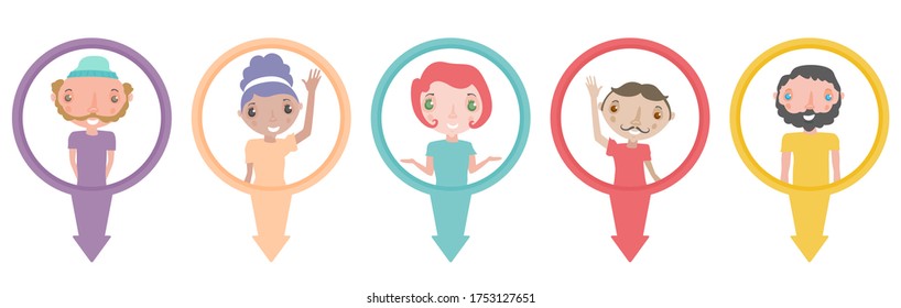 Juego de caracteres Hipster con pin.Ilustración vectorial de personas con conjunto de pines de mapa.