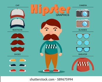 Hipster character set, vector illustration with hipster elements and icons.