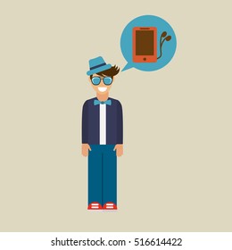 hipster character smartphone headphones vintage vector illustration eps 10