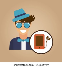 hipster character smartphone headphones vintage vector illustration eps 10