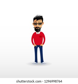 Hipster Character - vector illustration. Cartoon young man - hipster in sunglasses, red sweater, blue pants and white sneakers. Cartoon guy hipster - picture.
