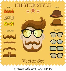 Hipster Character Vector Illustration with Hipster Elements and Icons. Vintage Set for your design. Concept background