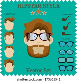Hipster Character Vector Illustration with Hipster Elements and Icons. Vintage Set for your design. Concept background