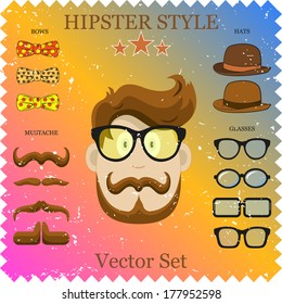 Hipster Character Vector Illustration with Hipster Elements and Icons. Vintage Set for your design. Concept background