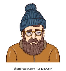 Hipster Character in Woolen Hat, Eyeglasses and Winter Jacket. Vector Cartoon Illustration
