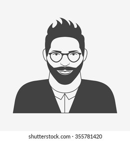 Hipster character. Young man with glasses and beard monochrome icon. Vector illustration.