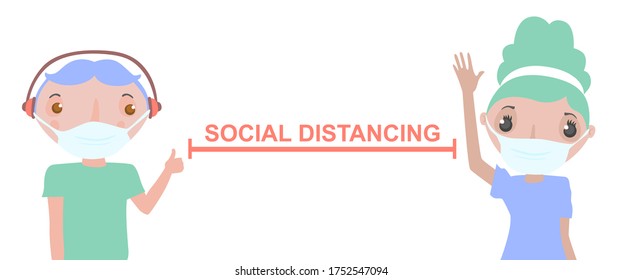 Hipster-Zeichen mit sozialer Distanzierung.Vektorgrafik des Gesundheitspersonals mit sozialer Distanzwarnung.