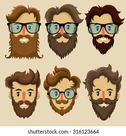 Hipster characters, subculture, retro hairstyle, bearded faces 