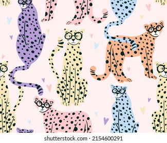 Hipster cheetah seamless pattern with hearts. Cute background for girls, baby or kids.