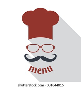 Hipster chef  hat with mustache and glasses. Foods Service icon. Menu card with long shadow.  Simple flat vector illustration, EPS 10.