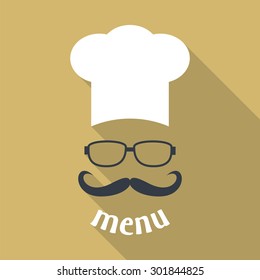 Hipster chef  hat with mustache and glasses. Foods Service icon. Menu card with long shadow.  Simple flat vector illustration, EPS 10.