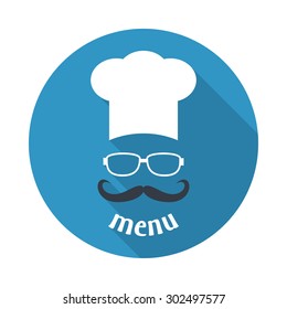 Hipster chef  hat with mustache and glasses. Foods Service round icon. Menu card with long shadow.  Simple flat vector illustration, EPS 10.