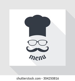 Hipster chef  hat with mustache and glasses. Foods Service icon. Menu card with long shadow.  Simple flat vector illustration, EPS 10.