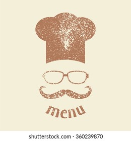 Hipster chef  hat with mustache and glasses. Foods Service icon. Menu card .  Vintage style simple flat vector illustration, EPS 10.
