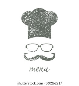 Hipster chef  hat with mustache and glasses. Foods Service icon. Menu card .  Vintage style simple flat vector illustration, EPS 10.