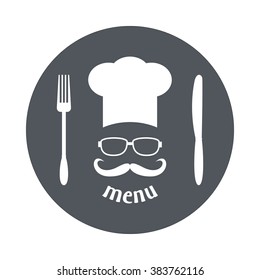 Hipster chef  hat with mustache and glasses. Foods Service round icon. Simple flat vector illustration, EPS 10.
