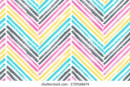Hipster chevron interior print vector seamless pattern. Ink brushstrokes geometric stripes. Hand drawn paint texture zig zag chevron wrapping. Watercolor fabric print seamless design.