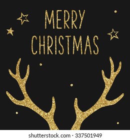 Hipster Christmas card, deer antlers, gold texture