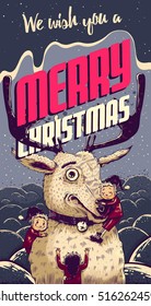 Hipster Christmas card or invitation flyer with Deer and elves. Vector illustration