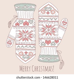Hipster Christmas card with mittens 