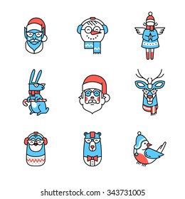 Hipster Christmas Characters. Flat style thin line art color icons set isolated on white background.