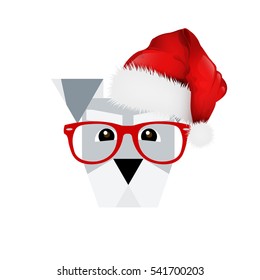 Hipster Christmas dog, miniature schanuzer with Christmas hat and red sunglasses