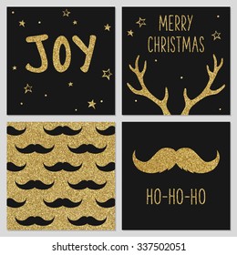 Hipster Christmas gold pattern, greeting card templates, mustache, deer antlers